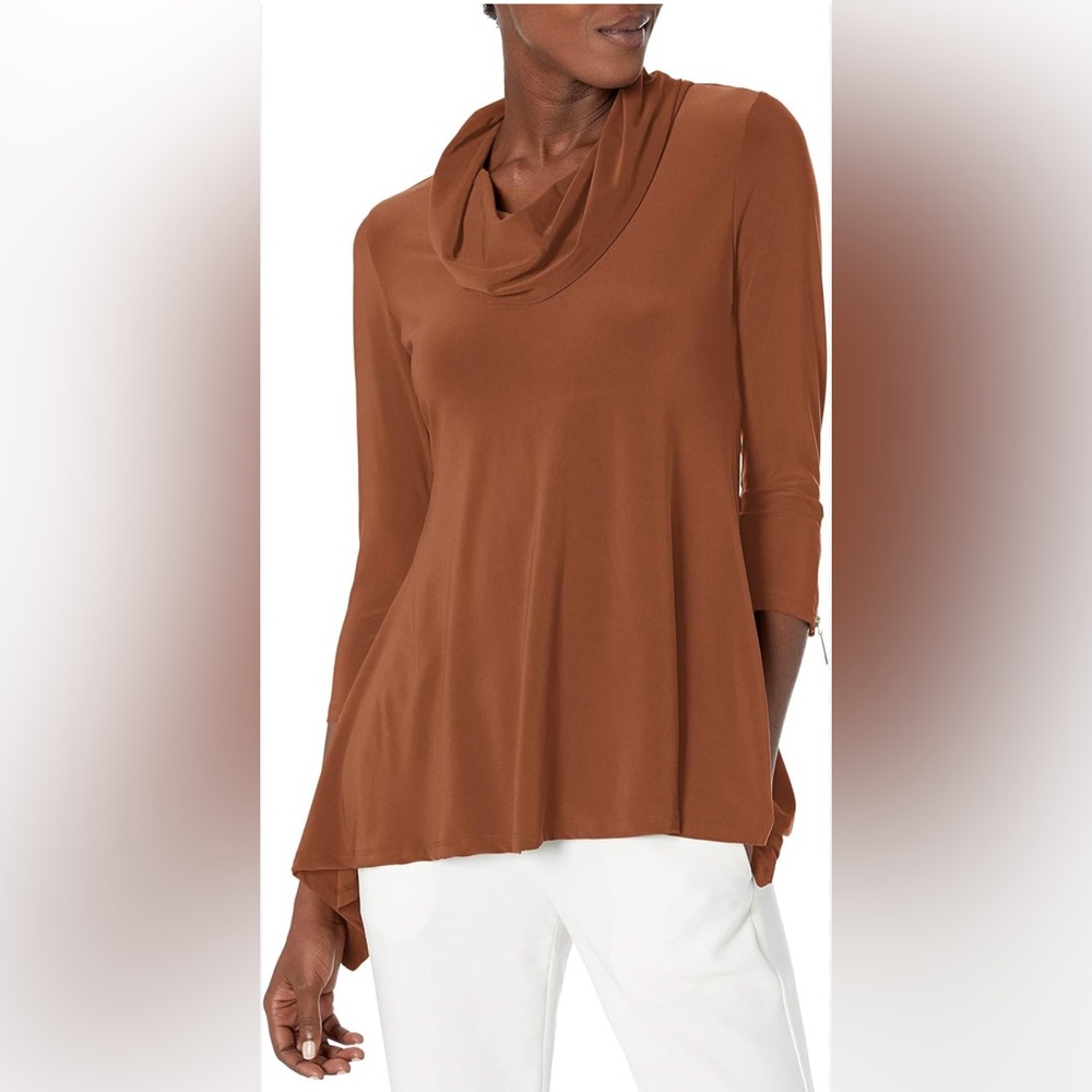 Chaus New York Women's 3/4 Zip Sleeve Cowl Neck Sharkbite Blouse M Burnt Caramel